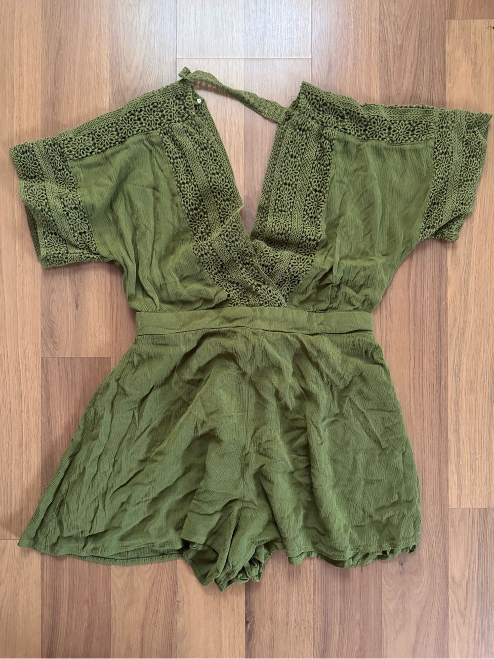 Forever 21 Olive Green V-Neck Lace-Trim Romper